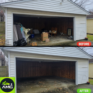 A before-and-after image of a garage cleanout