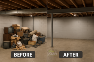 Side-by-side image showing a cluttered basement before and a clean, junk-free space after professional junk hauling
