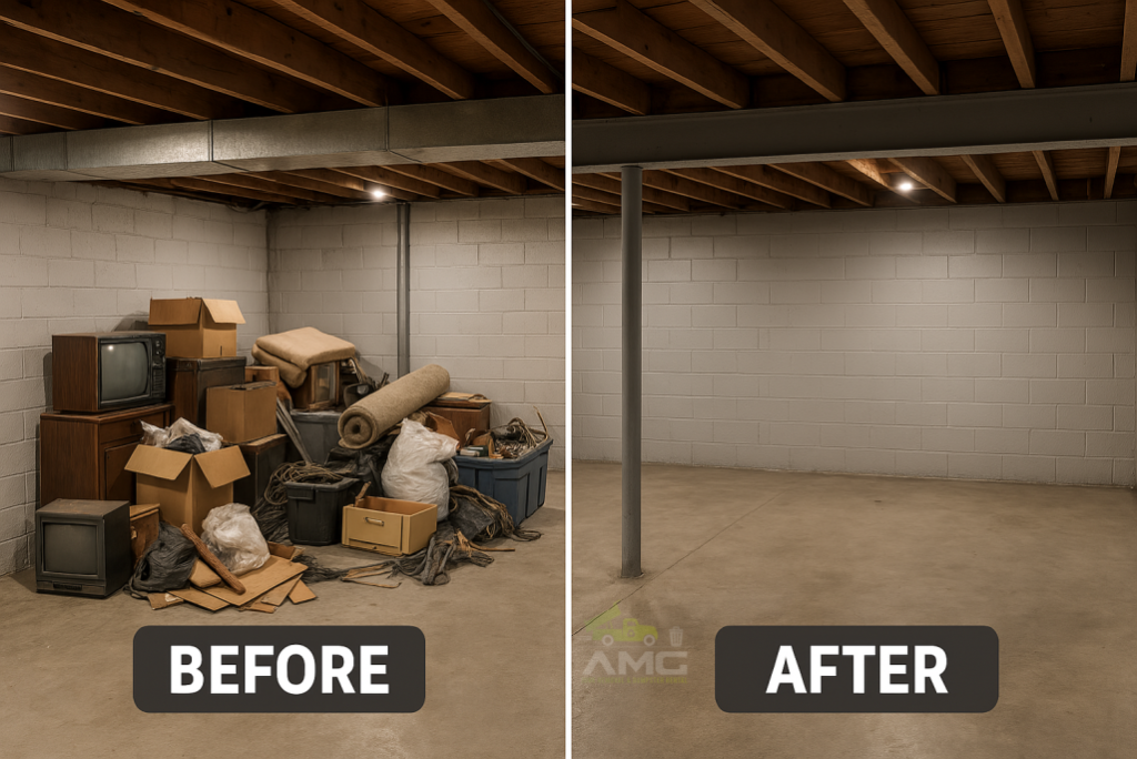 Before and after comparison of a cluttered and cleaned basement