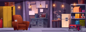 Illustration of a cluttered basement with scattered furniture, boxes, and household junk