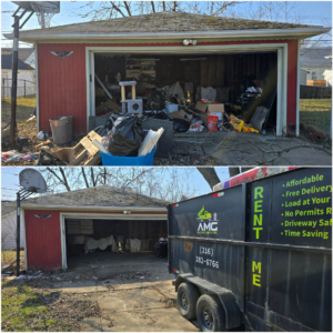 Piles of household junk on a Garfield Heights front lawn ready for removal