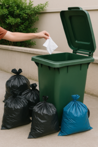 Hand throwing garbage into a dustbin surrounded by trash bags on the floor