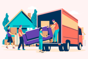 Illustration of a couple and a junk removal worker loading boxes with pricing based on junk volume and space used