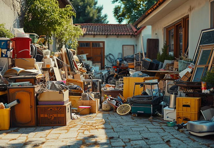 Miscellaneous bulky items lined up in a yard awaiting junk removal