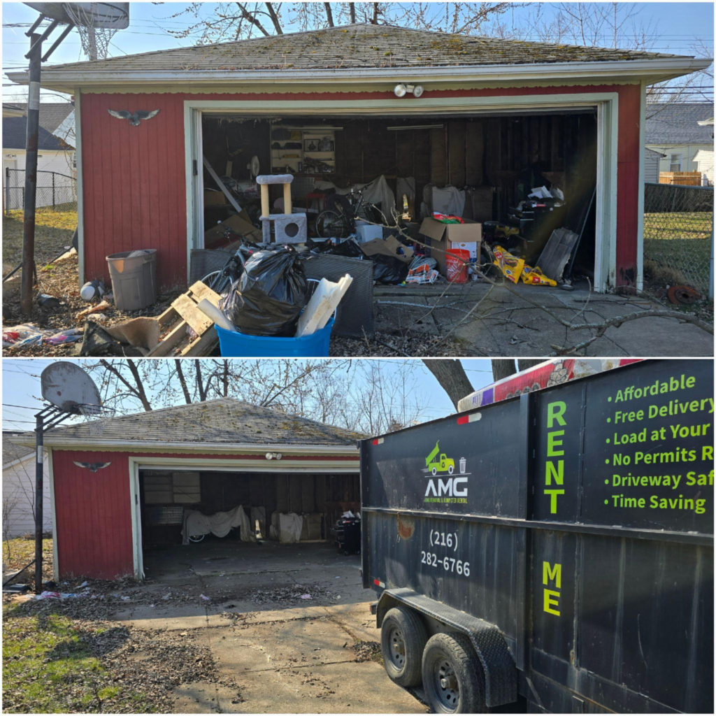 Before and after images of an AMG Junk Removal truck clearing out a cluttered shed