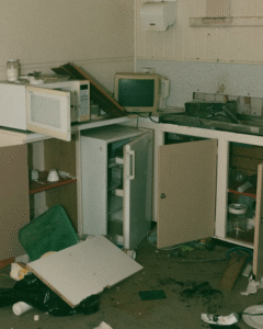 Broken microwave and fridge in a cluttered kitchen