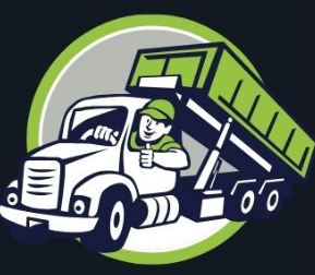 Cartoon-style illustration of a smiling worker giving a thumbs-up while driving a green and white dump truck with a raised dumpster bed.