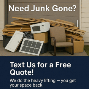 AMG Junk Removal banner with “Need Junk Gone” text and a pile of old appliances and junk.